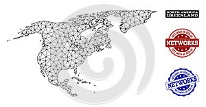 Polygonal Network Mesh Vector Map of North America and Greenland and Network Grunge Stamps