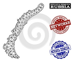 Polygonal Network Mesh Vector Map of Novaya Zemlya Islands and Network Grunge Stamps