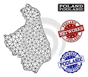 Polygonal Network Mesh Vector Map of Podlasie Province and Network Grunge Stamps