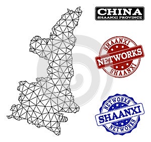 Polygonal Network Mesh Vector Map of Shaanxi Province and Network Grunge Stamps