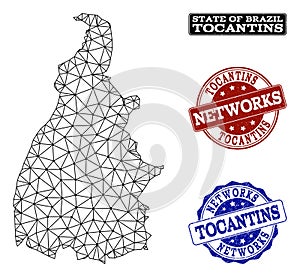 Polygonal Network Mesh Vector Map of Tocantins State and Network Grunge Stamps