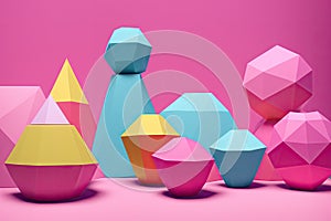 Polygonal objects on solid pastel background. 3d rendering, generative ai