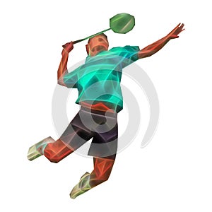 Polygonal professional badminton player on colorful low poly background doing smash shot isolated on white background