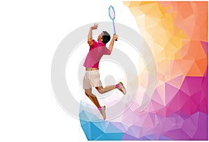 Polygonal professional badminton player, during smash on white background