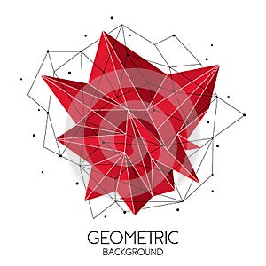 Polygonal red abstract futuristic template, low poly sign on white background. Vector lines, dots and triangle shapes