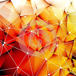Polygonal Red Orange Triangles Techno Textured Background with connection of lines and dots, Vector Illustration.