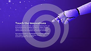 Polygonal robotic hand reaches for text on dark purple background. Innovation banner or technical web page template. Vector