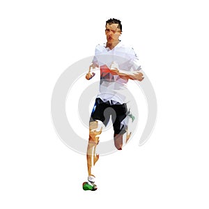 Polygonal running man. Low poly vector runner, front view. Color