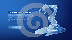 Polygonal shining mechanical manipulator on dark blue background. Technology page or banner template for industry. Vector