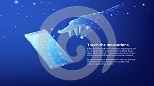 Polygonal shiny phone and finger of hand reaching to the screen with copy space on dark blue background. Futuristic Cell banner or