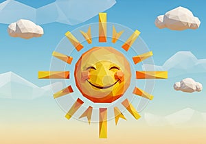 A polygonal, smiling sun with rays extends against a backdrop of a blue sky with