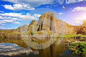 Polygonal structures of basalt columns, natural monument Panska skala near Kamenicky Senov, Czech Republic. Basalt organ pipes of