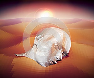 Polygonal Sunset Scene of Big Metal Human Head Lying in the Desert