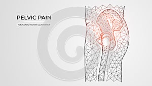 Polygonal vector illustration of pain, inflammation or injury in the pelvis and hip joint side view.