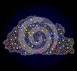 Mesh Wire Frame Map of Bhutan with Bright Light Spots