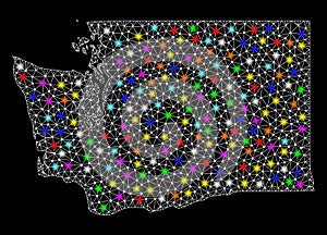 Mesh Wire Frame Map of Washington State with Bright Light Spots