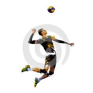 Polygonal volleyball player serving ball, geometric illustration