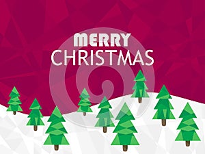 Polygonal winter snowy landscape with Christmas trees and the inscription: Merry Christmas. Viva magenta polygonal background.