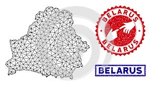 Polygonal Wire Frame Belarus Map and Grunge Stamps