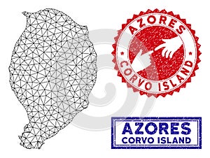 Polygonal Wire Frame Corvo Island Map and Grunge Stamps
