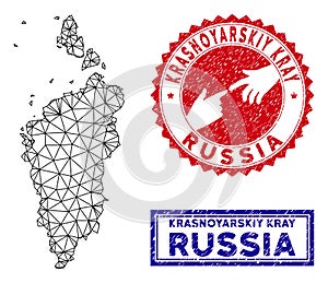 Polygonal Wire Frame Krasnoyarskiy Kray Map and Grunge Stamps