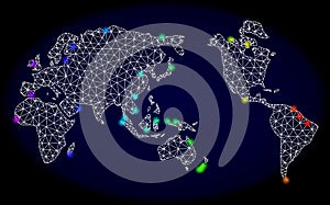 Polygonal Wire Frame Mesh Map of Earth with Colorful Spectrum Light Spots