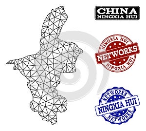 Polygonal Wire Frame Mesh Vector Map of Ningxia Hui Region and Network Grunge Stamps