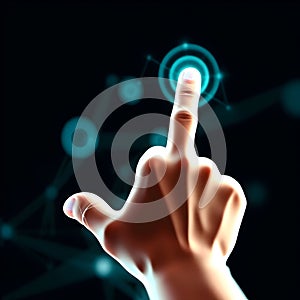 Polygonal wireframe image of human hand touch to electronic display abstract vector illustration