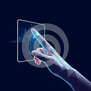 Polygonal wireframe image of human hand touch to electronic display abstract vector illustration