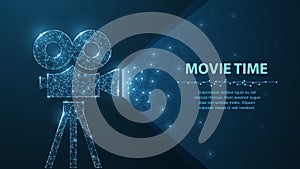 Polygonal wireframe movie projector show film at night on dark blue with stars in him light.