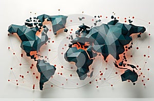 Polygonal world map with connected lines and dots on white background