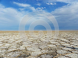 Salt flat polygons in desert and blue sky , Aran Lake , Iran photo