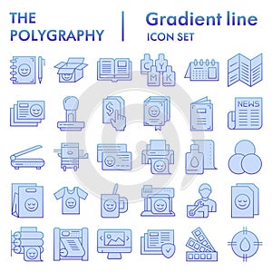 Polygraphy flat icon set, printing symbols collection, vector sketches, logo illustrations, publishing signs blue