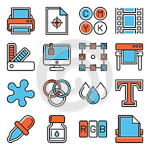Polygraphy and Print Icons Set on White Background. Vector