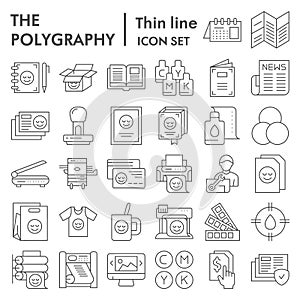 Polygraphy thin line icon set, printing symbols collection, vector sketches, logo illustrations, publishing signs linear