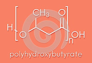 Polyhydroxybutyrate (PHB) biodegradable plastic, chemical structure. Polymer that is both bio-derived and compostable. Skeletal