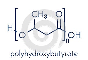 Polyhydroxybutyrate PHB biodegradable plastic, chemical structure. Polymer that is both bio-derived and compostable. Skeletal.