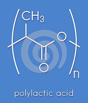 Polylactic acid (PLA, polylactide) bioplastic, chemical structure. Compostable polymer used in medical implants, 3D printing, photo