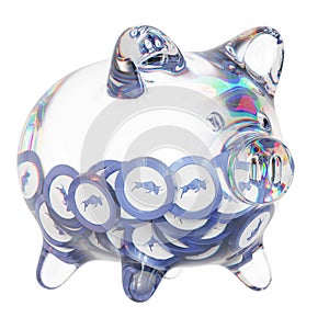 Polymath (POLY) Clear Glass piggy bank with decreasing piles of crypto coins.