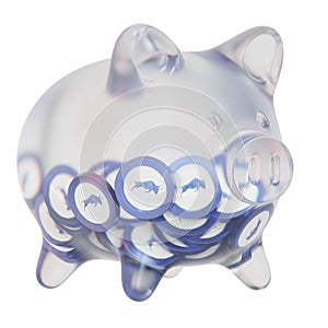 Polymath (POLY) Clear Glass piggy bank with decreasing piles of crypto coins.