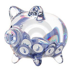 Polymath (POLY) Clear Glass piggy bank with decreasing piles of crypto coins. photo