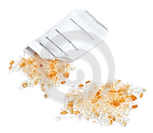 Polymer pellets granules. Pile of desiccant silica gel.