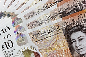 Polymer ÃÂ£10 notes closeup, 06th March 2020, UK