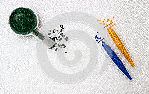 Polymeric dye. Colorant for plastics. Pigment in the granules.