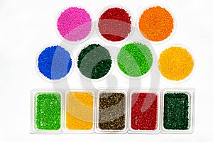 Polymeric dye. Colorant for plastics. Pigment in the granules.