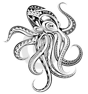 Polynesian ethnic style octopus tattoo made of various ethnic patters