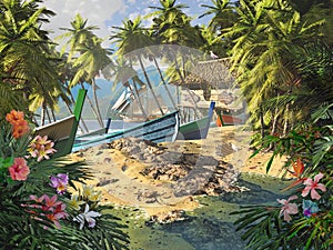 Polynesian fishing village with colorful dinghy`s