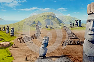 Polynesian natives building the Moai of Easter Island