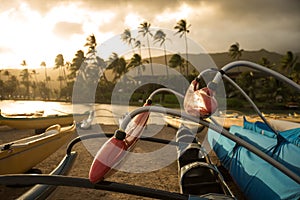 Polynesian outrigger canoe on the beach