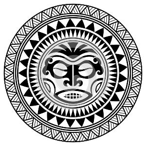 Polynesian tattoo design mask. Frightening masks in the Polynesian native ornament photo